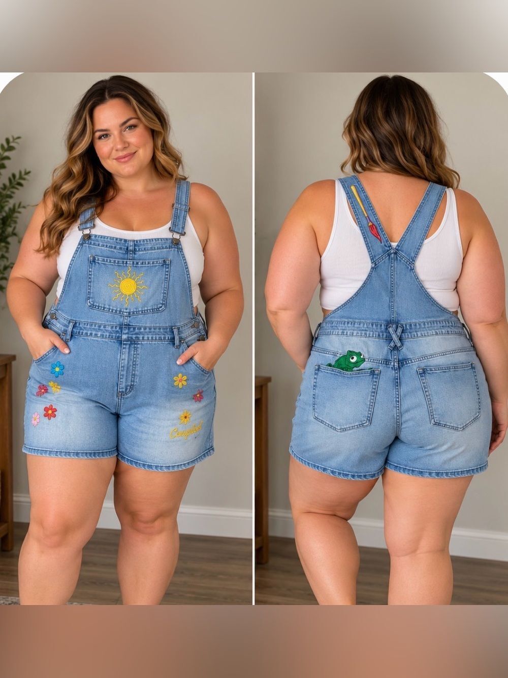 Disney Her Universe Tangled Denim Shortalls 2X Rapunzel Pascal Embroidered